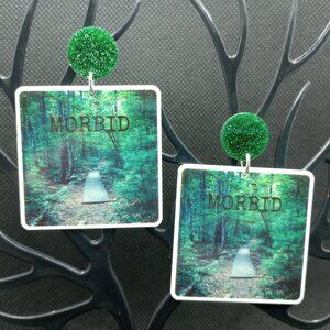 Morbid Green Glitter Podcast Earrings Window Latching Coven True Crime